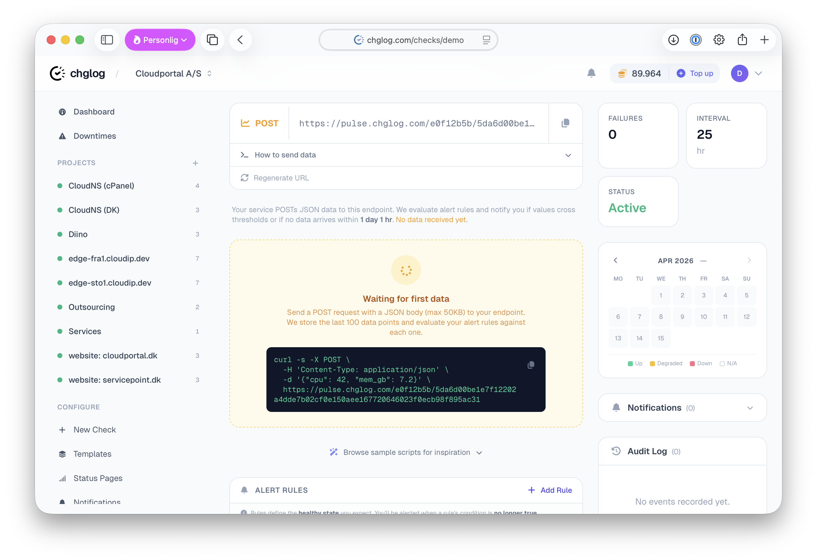 Pulse+Data dashboard showing custom metrics and threshold rules